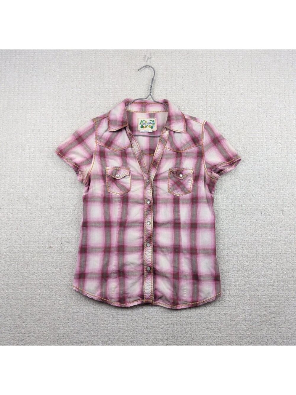 Y2K Blendshe Plaid Pearl Snap Fitted Shirt Wom Sz L Pink Biker Cowgirl Glam